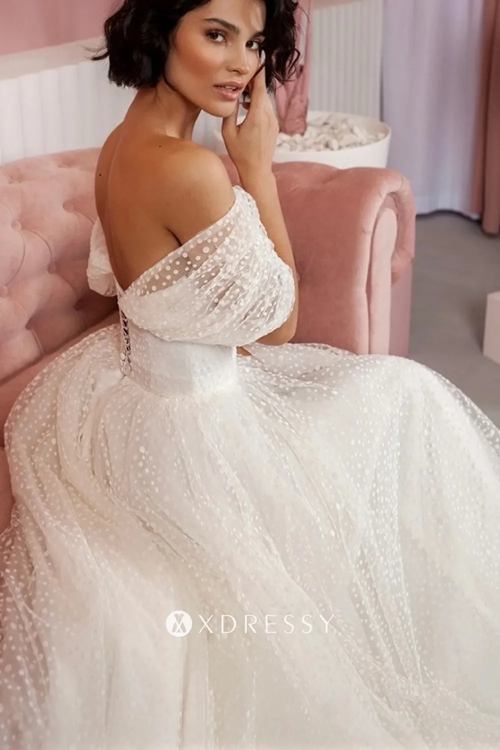off shoulder polka dot tulle lace up back wedding gown