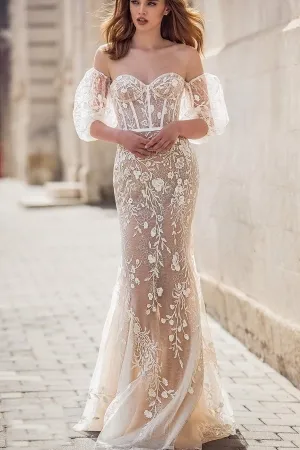 nude lining floral lace illusion bohemian wedding dress