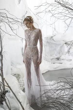 sexy sheer lace and feather long sleeve bridal dress