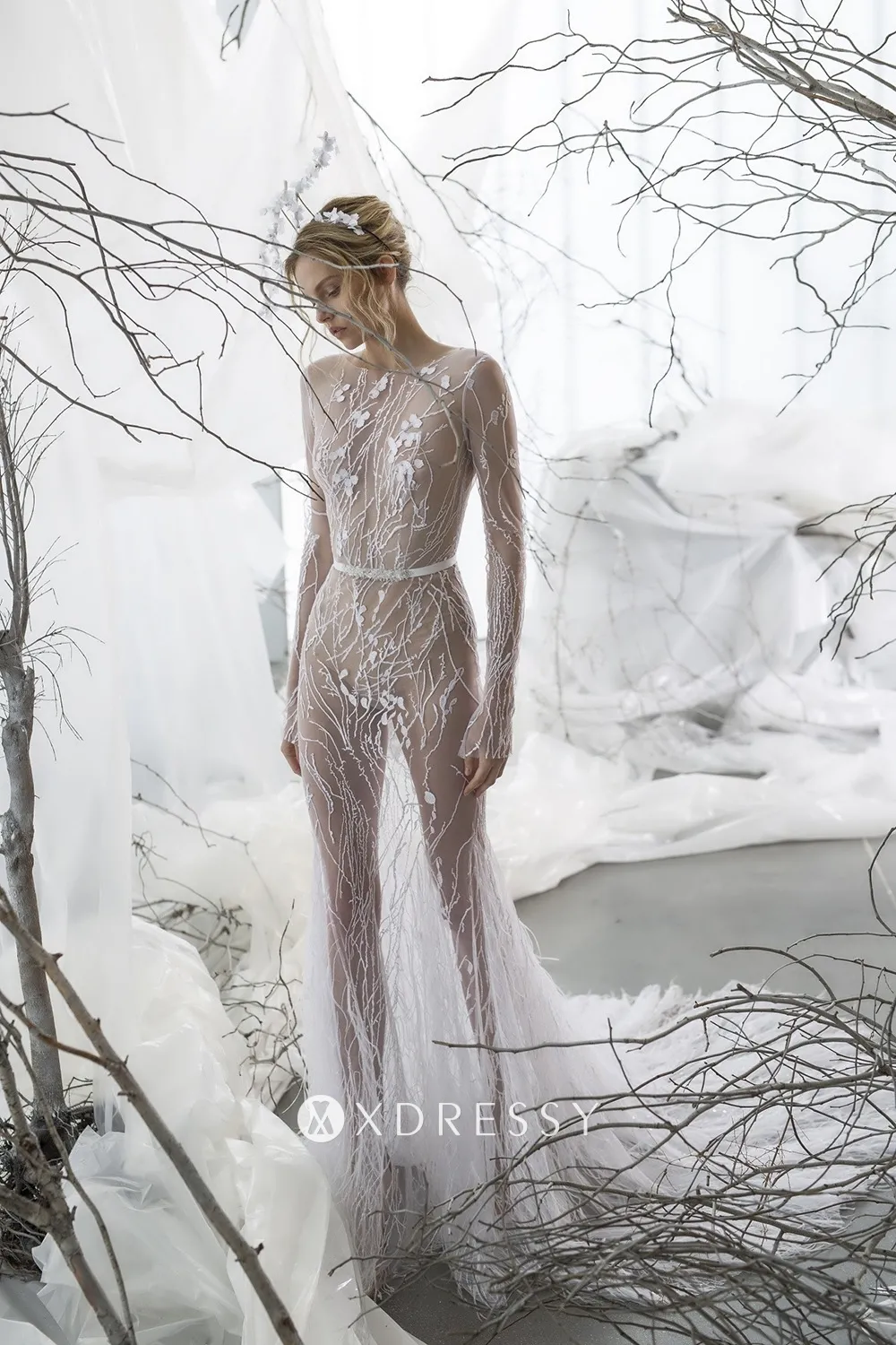 sexy sheer lace and feather long sleeve bridal dress sexy sheer lace and feather long sleeve bridal dress