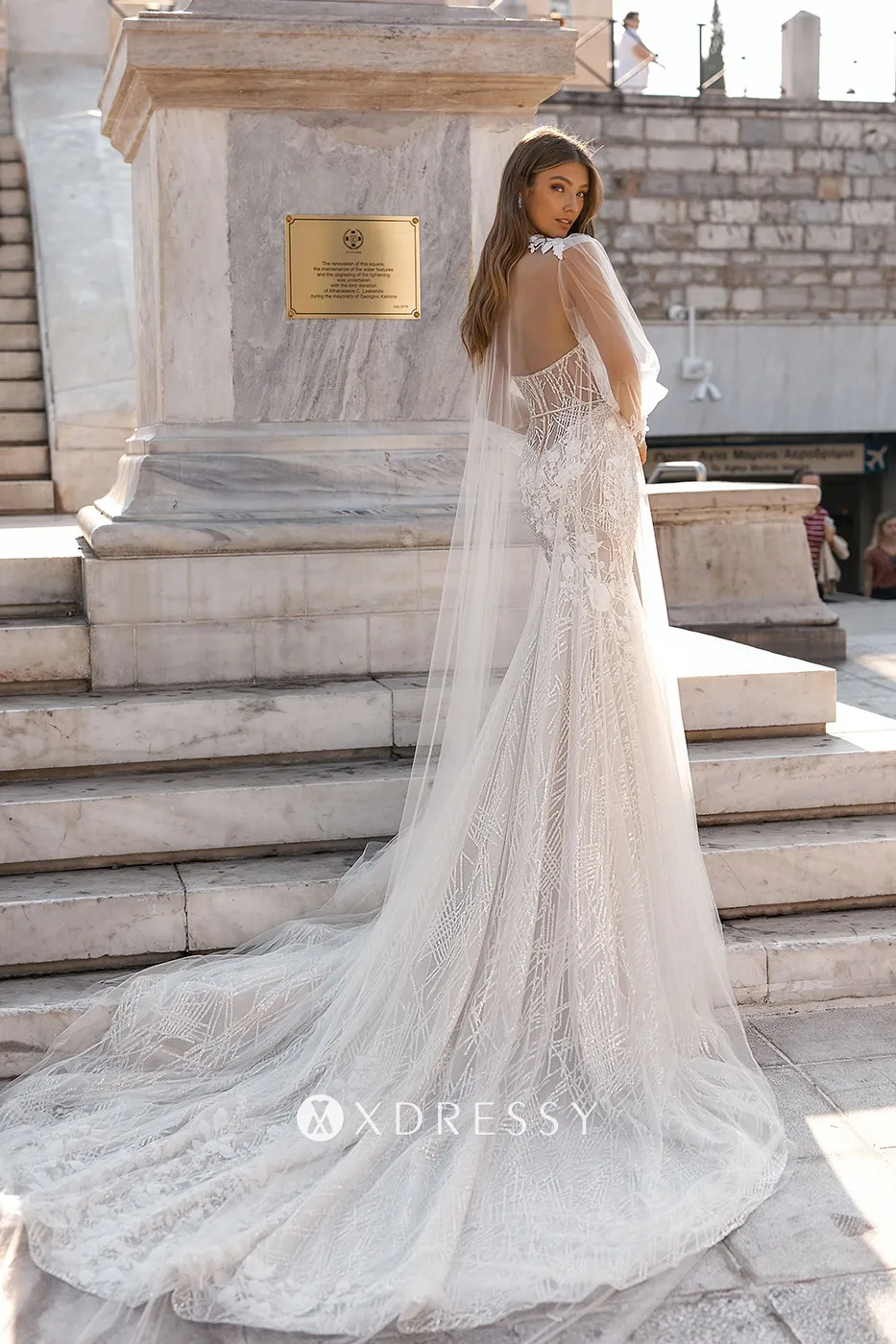 floral sheer tulle cape designer wedding dress