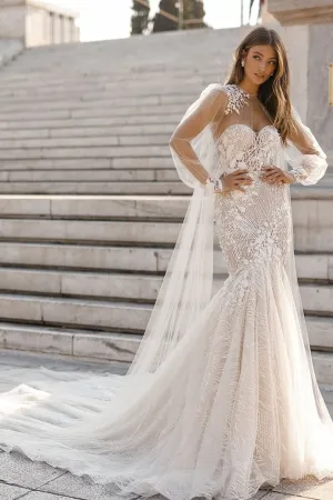 glitter floral lace bishop sleeve caped wedding dress