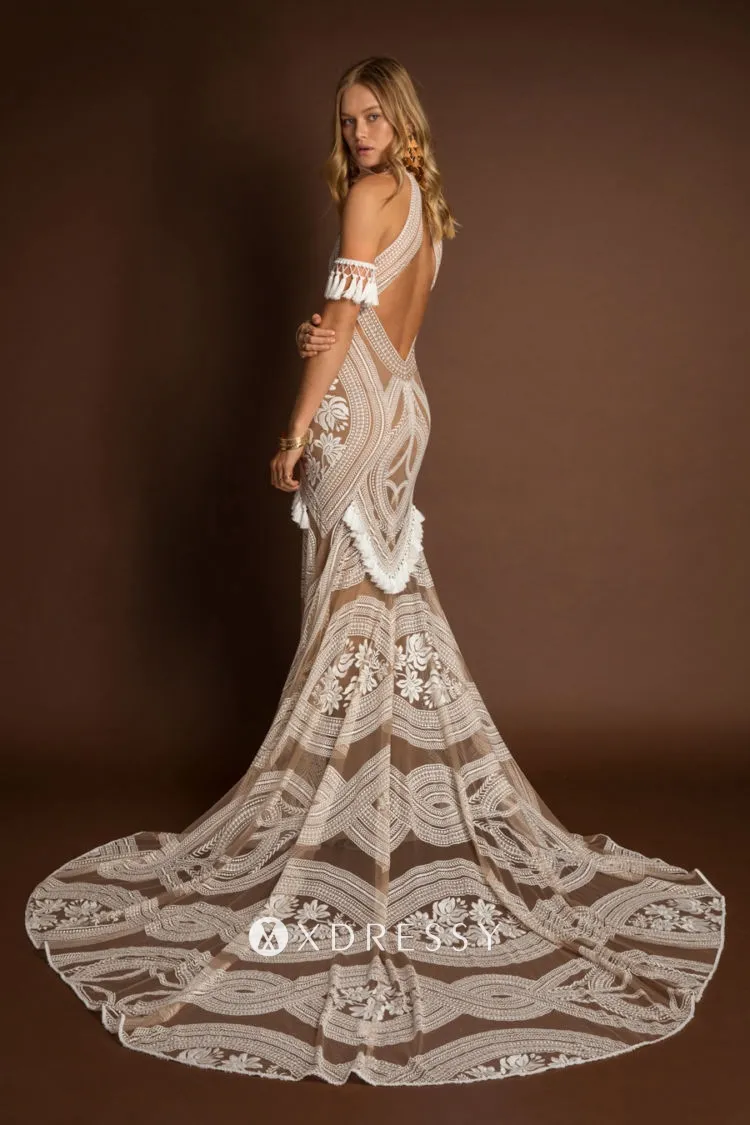 unique lace open back court train wedding dress