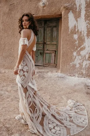 unique lace tassel sleeve open back boho wedding dress