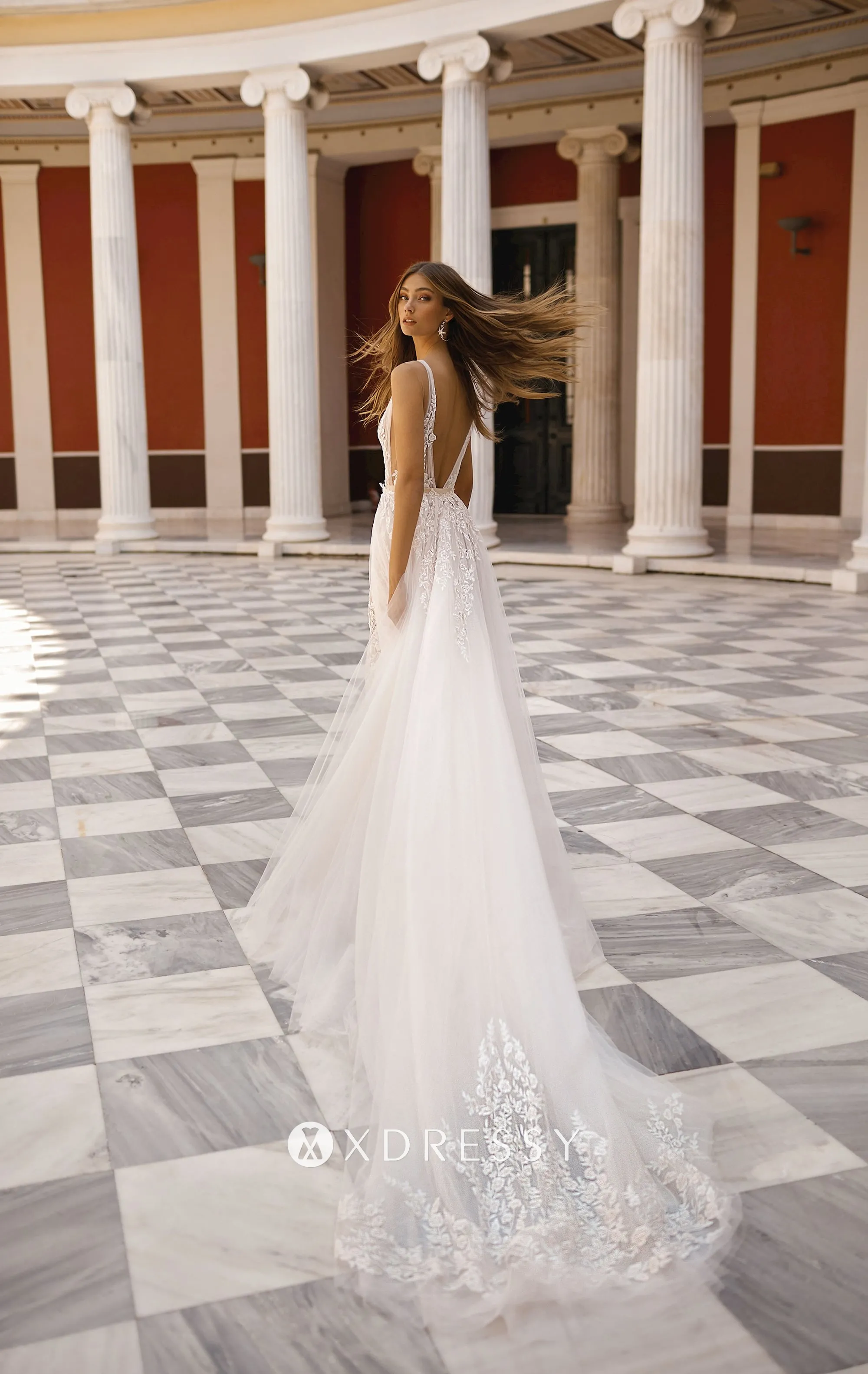 floral lace low v back bridal gown with tulle overskirt