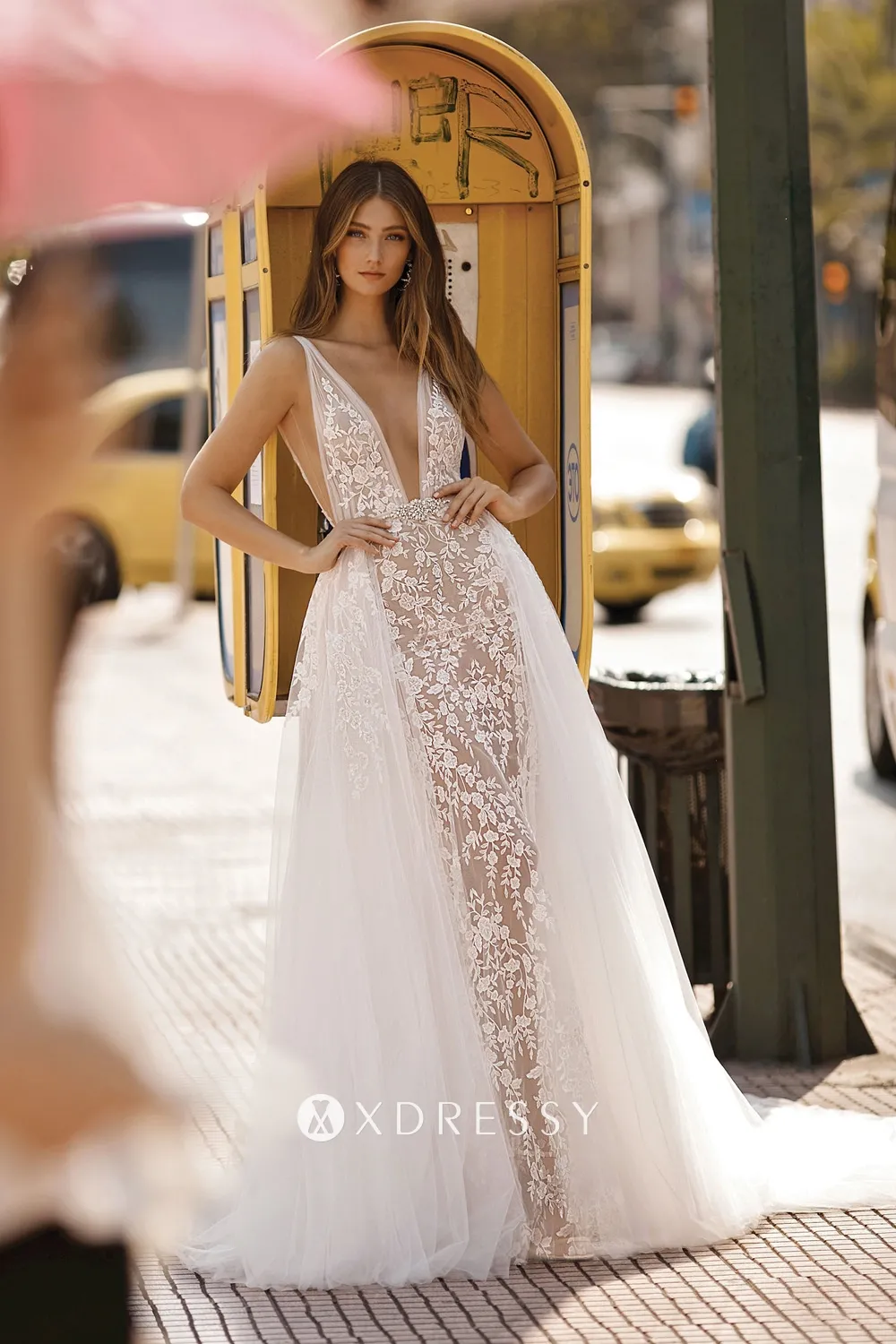 sexy plunging neck floral lace bridal gown with overskirt