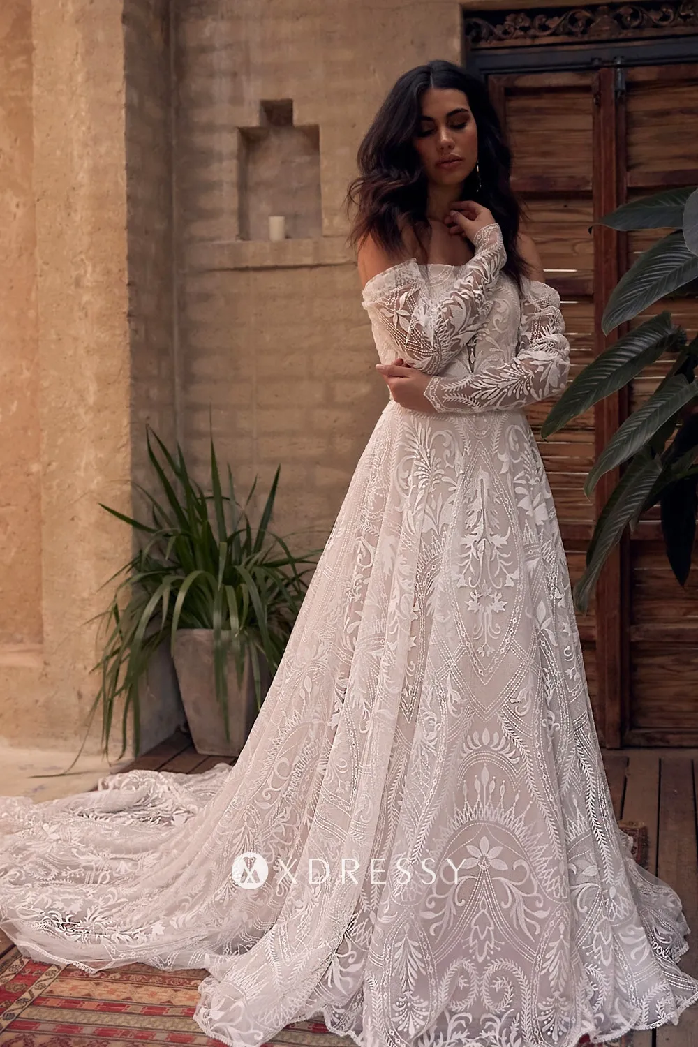 abstract lace off the shoulder a line wedding dress