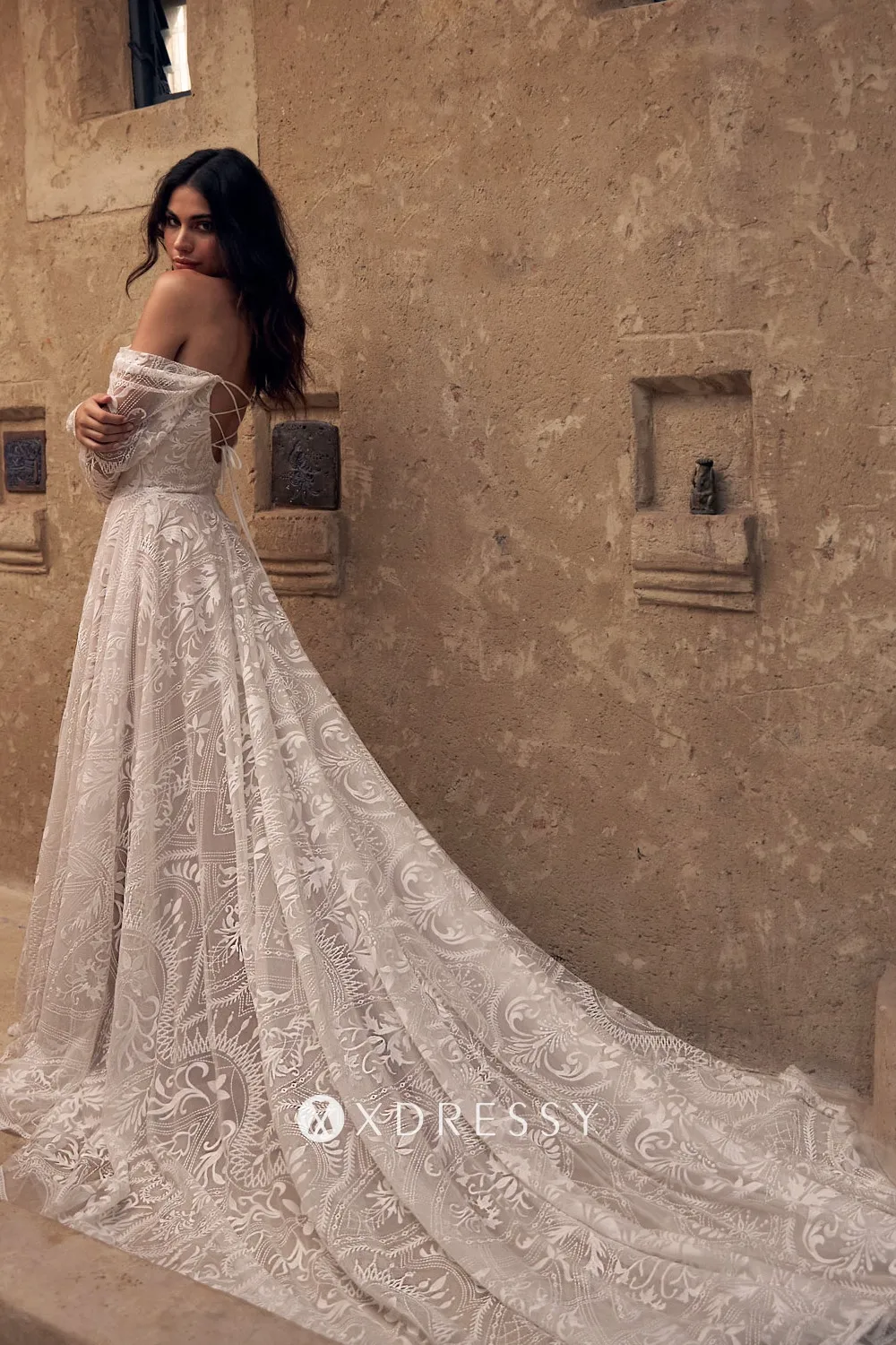 boho lace off the shoulder lace up back wedding dress