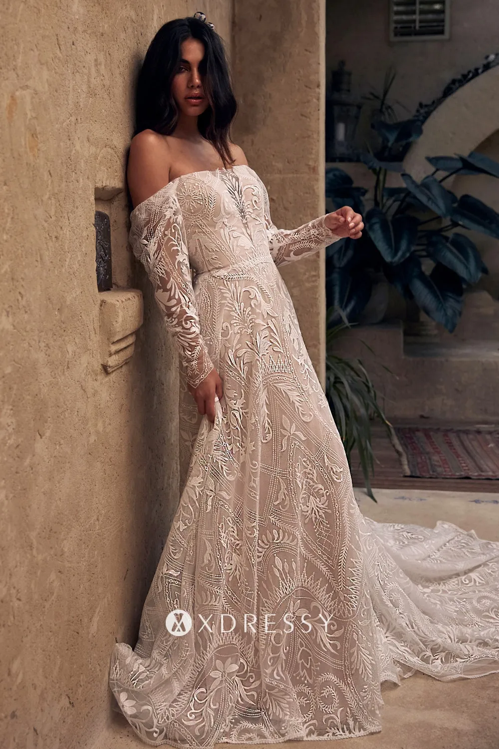 boho lace off the shoulder long sleeve wedding dress