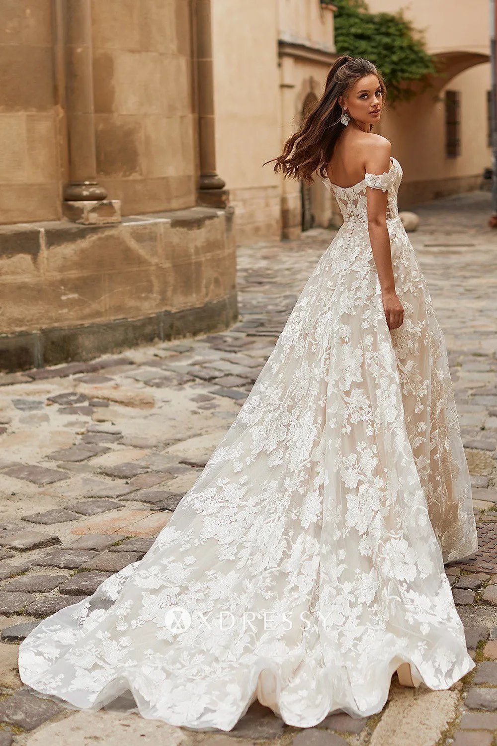 floral lace off shoulder destination wedding dress