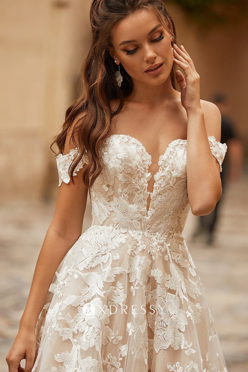 off shoulder floral lace wedding dress