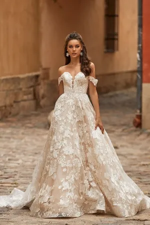 romantic floral lace off shoulder a line wedding dress