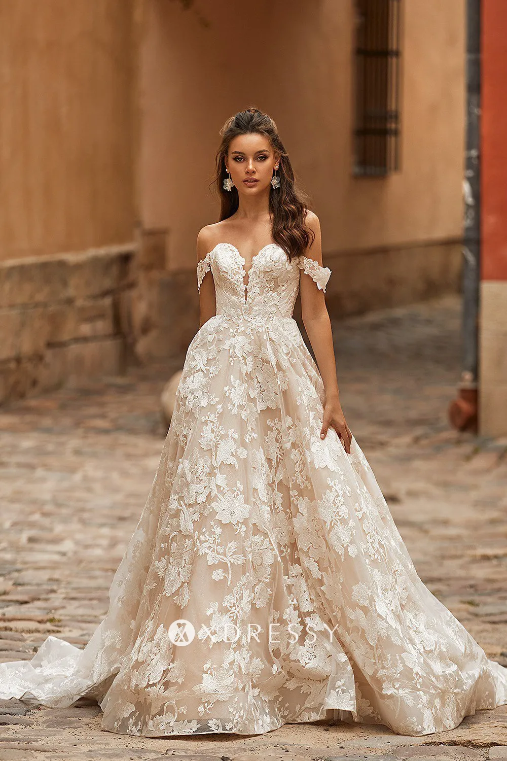 romantic floral lace off shoulder a line wedding dress