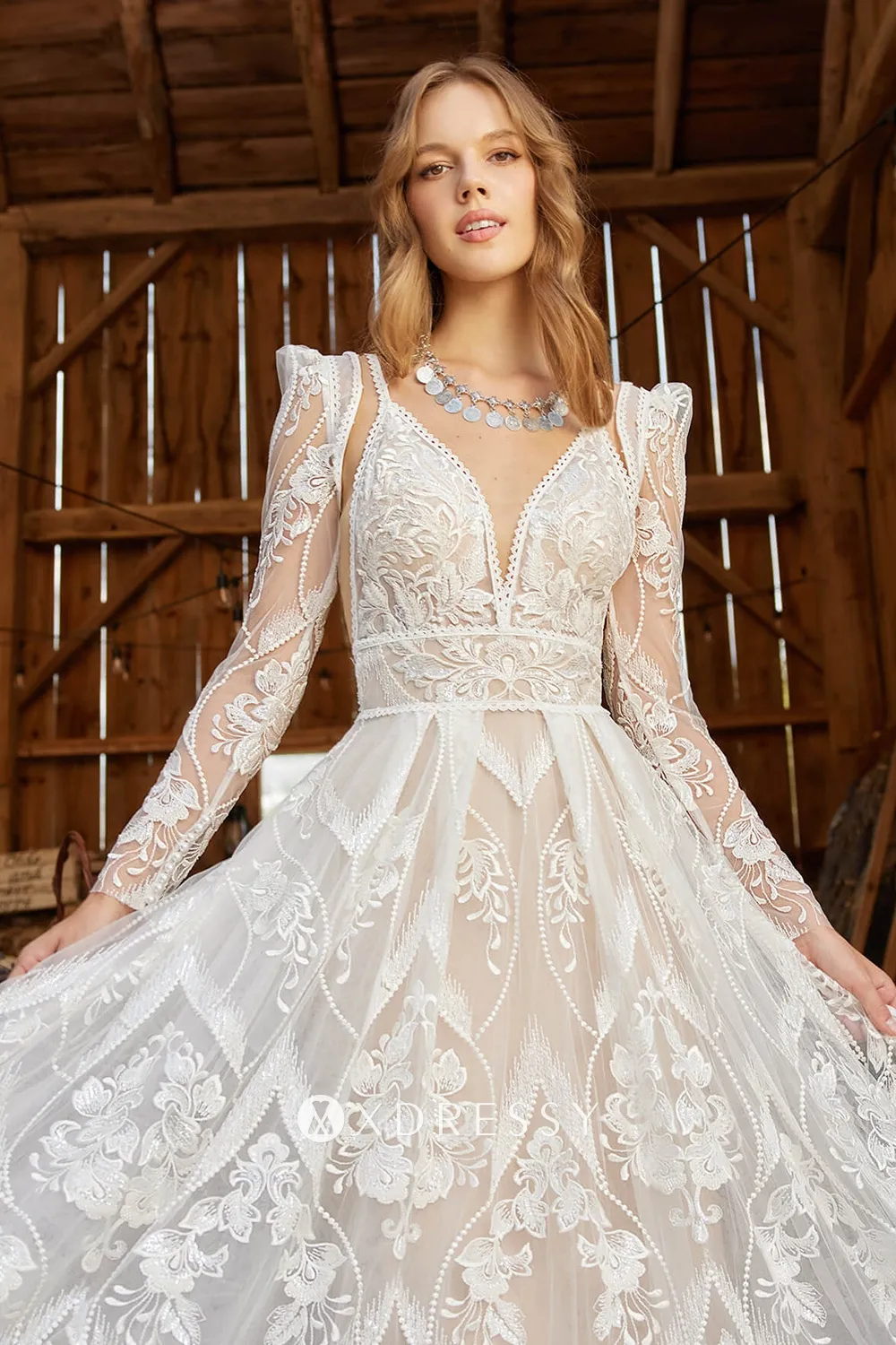 boho lace plunge neck wedding gown with optional sleeve