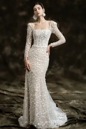 beaded 3d flower lace square neck designer wedding gown