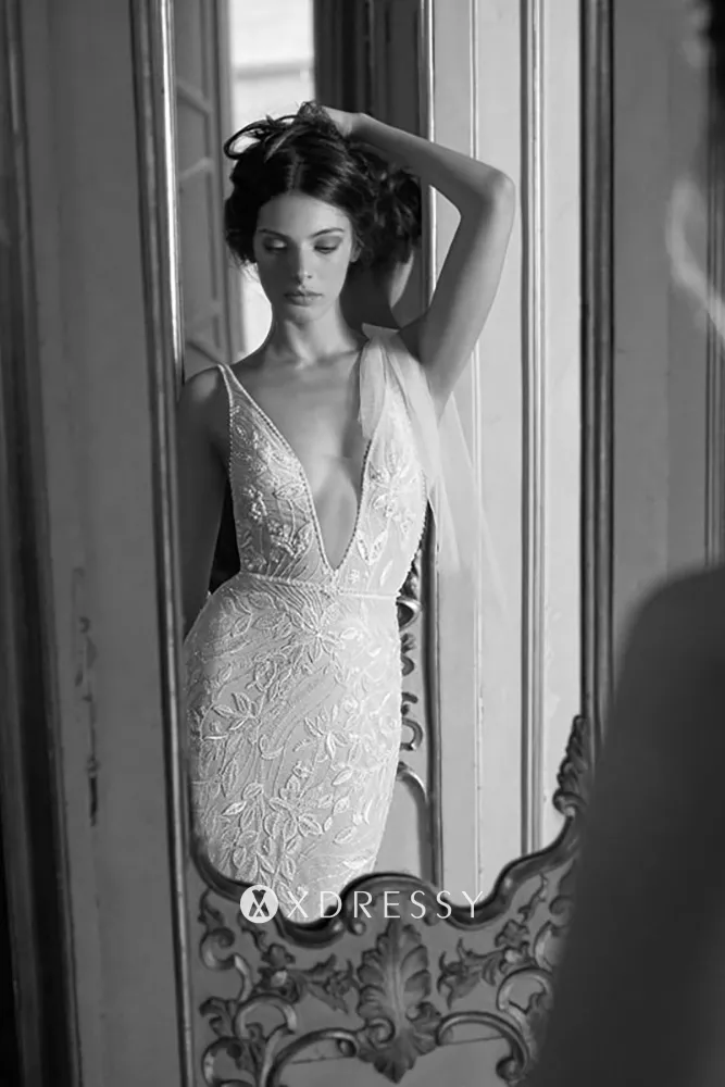 plunging neck beaded floral lace designer bridal dress