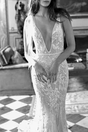 sexy plunging neck beaded floral lace bridal dress