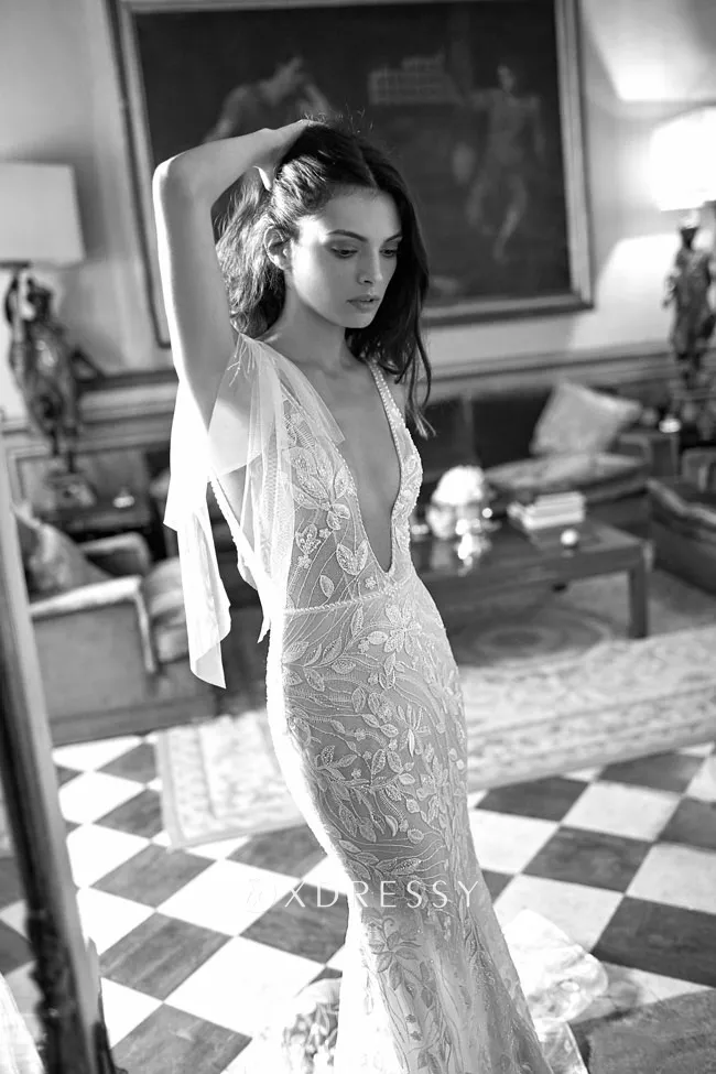 sexy plunging neck beaded lace fitted bridal dress