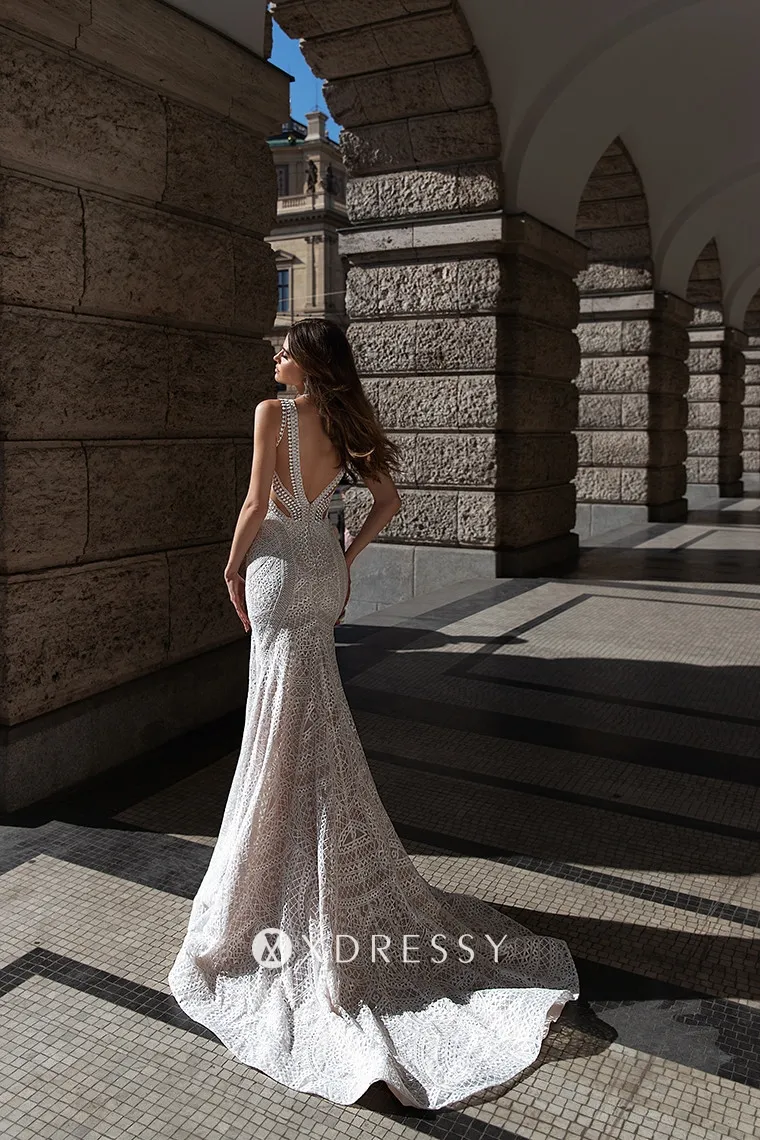 geometric pattern lace low v back boho wedding gown