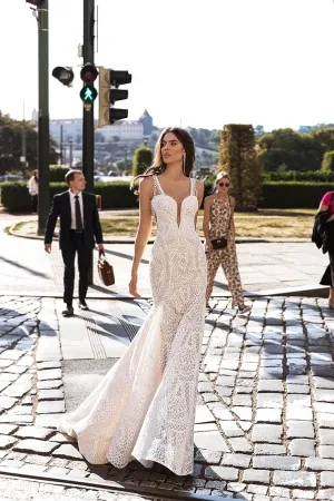 geometric pattern lace mermaid destination wedding gown