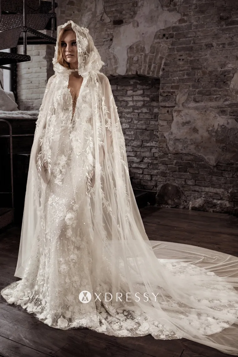 3d flower lace wedding dress with hooded cape 3d flower lace wedding dress with hooded cape