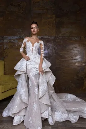 glitter lace bridal dress with detachable layered skirt