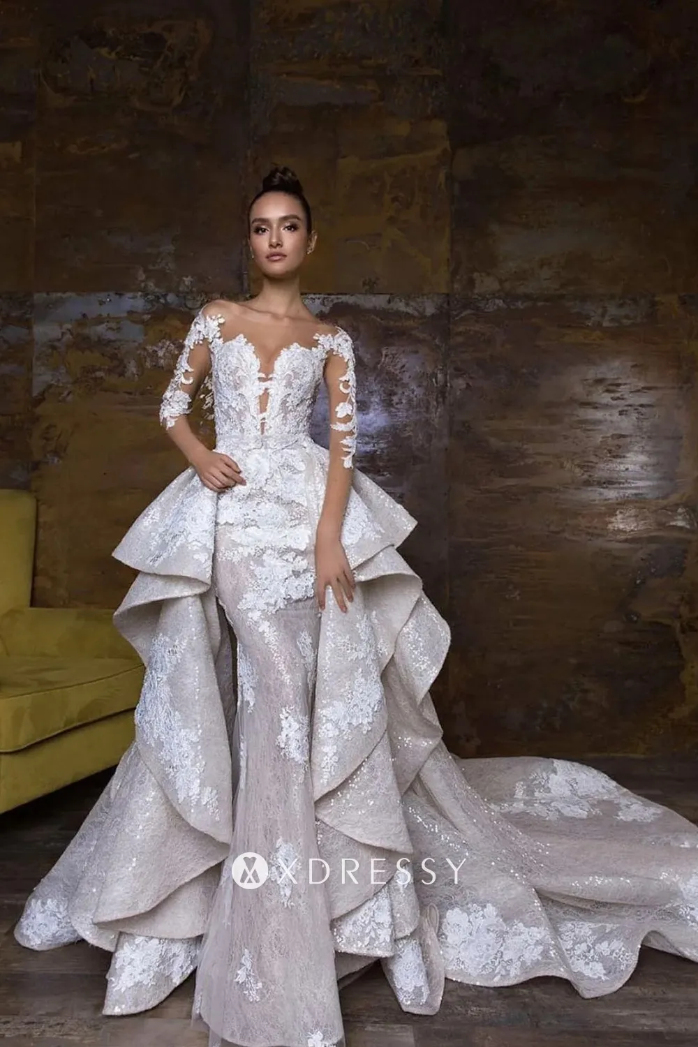glitter lace bridal dress with detachable layered skirt