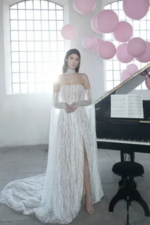 sparkling wave beading mesh unique sleeve slit wedding dress