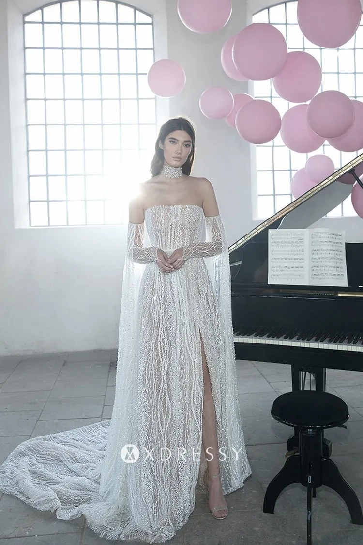 sparkling wave beading mesh unique sleeve slit wedding dress sparkling wave beading mesh unique sleeve slit wedding dress
