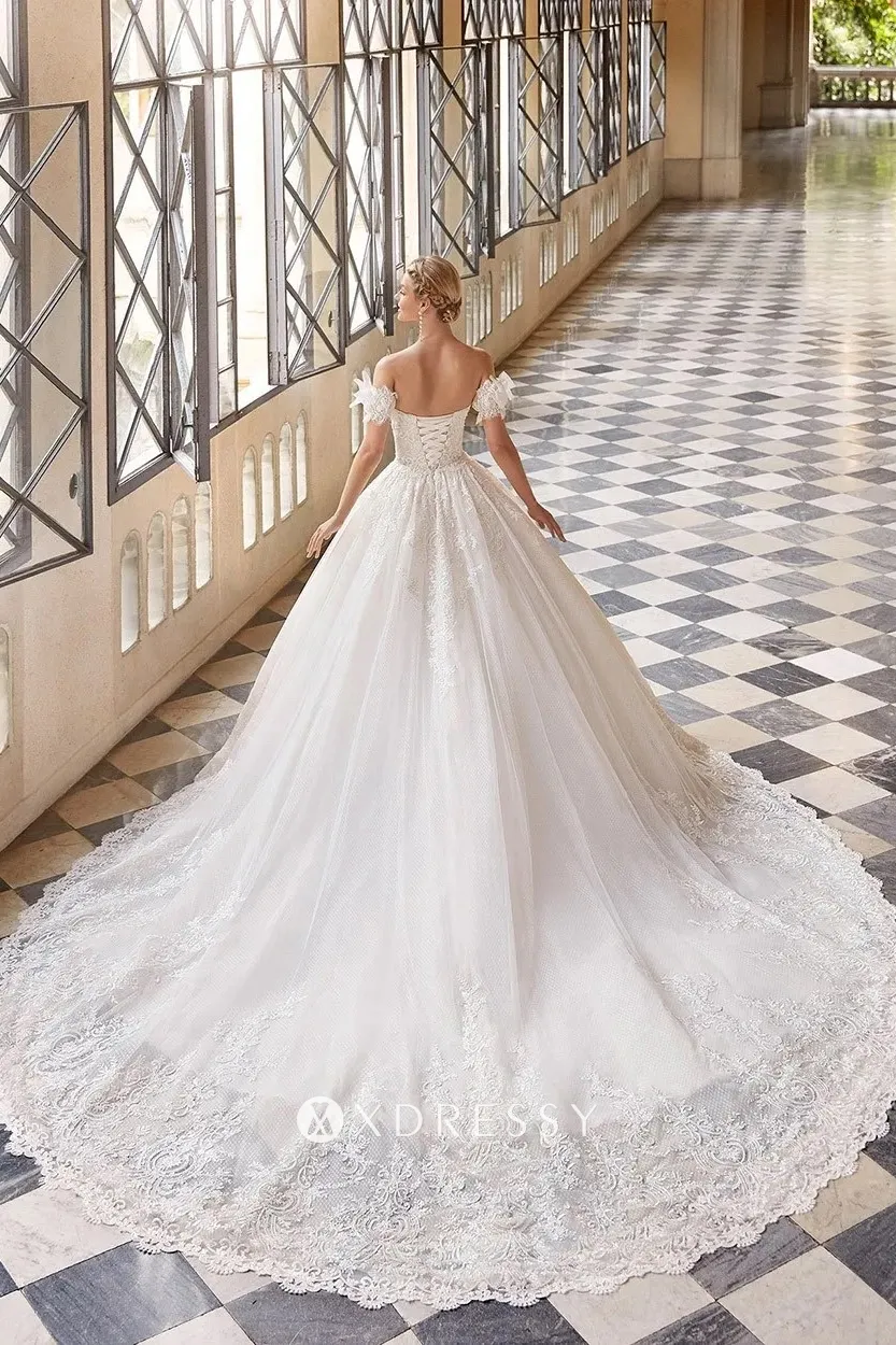 short sleeves lace princess wedding ball gown with long train short sleeves lace princess wedding ball gown with long train