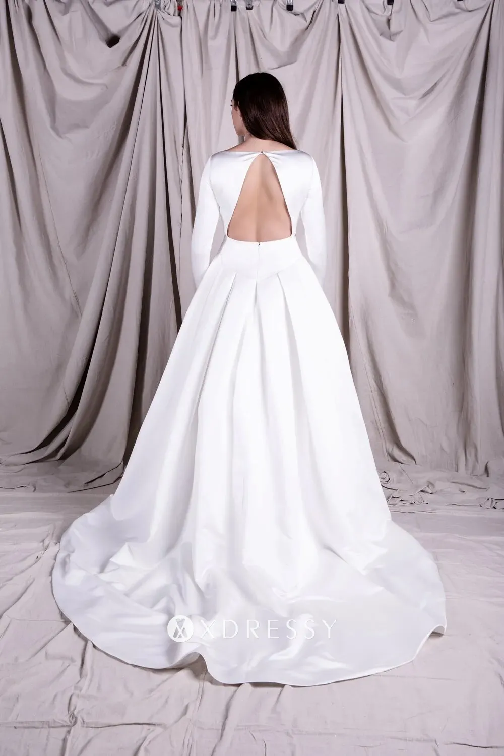 bows buttons long sleeve satin open back vintage wedding dress