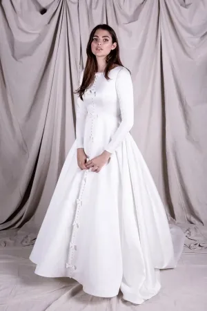 bows buttons long sleeve satin vintage wedding dress