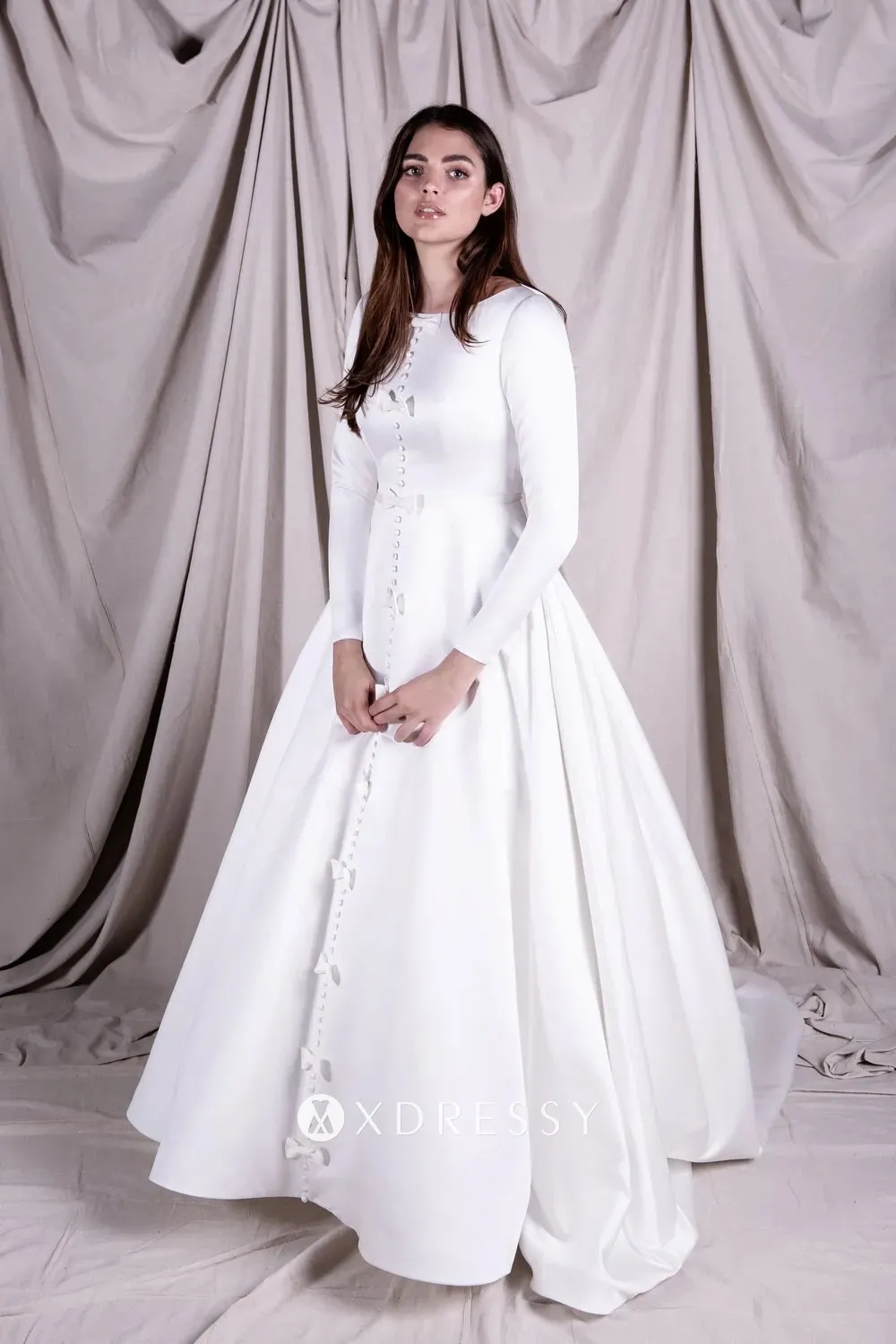 bows buttons long sleeve satin vintage wedding dress