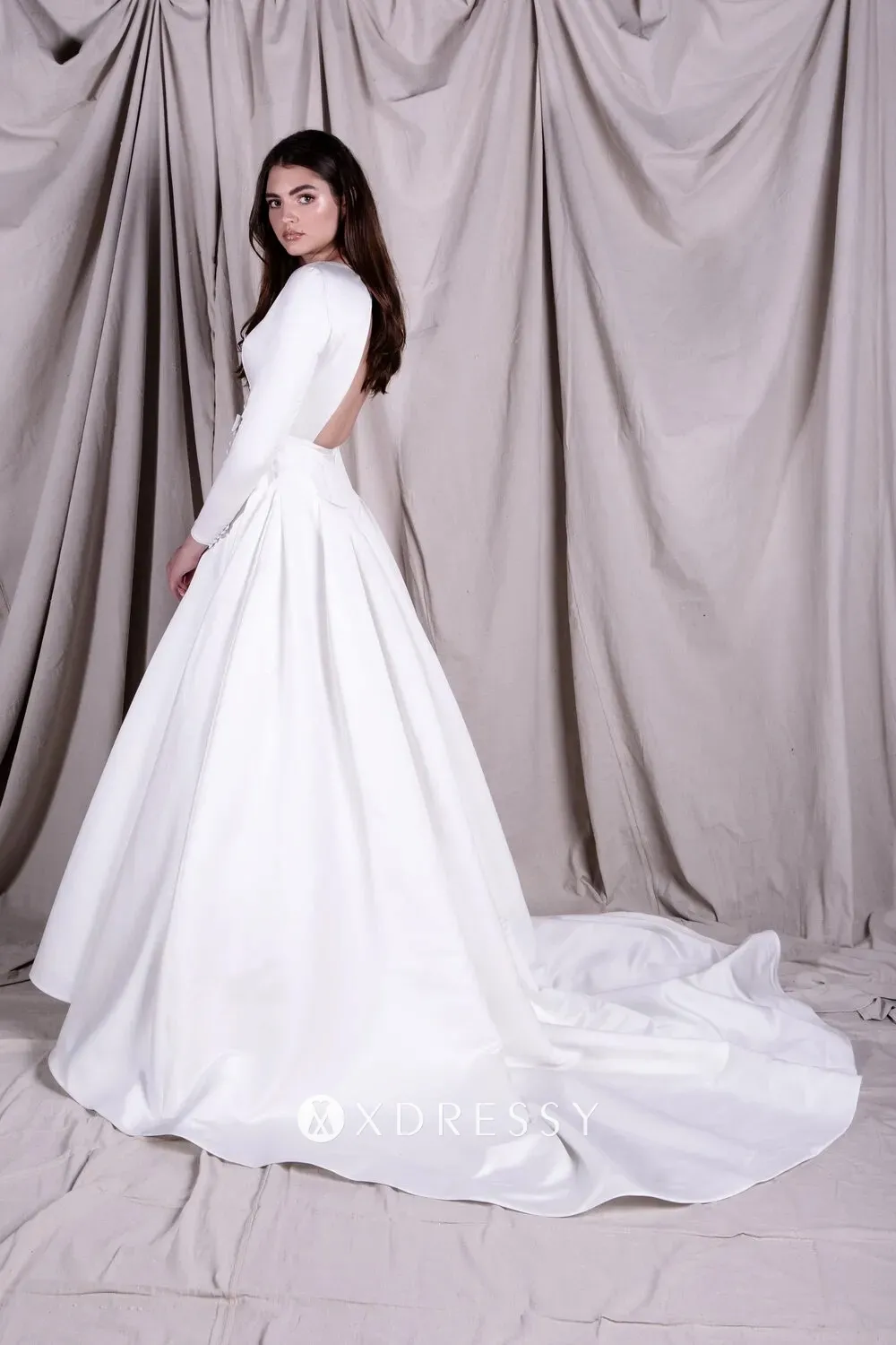 bows buttons long sleeve simple satin vintage wedding dress