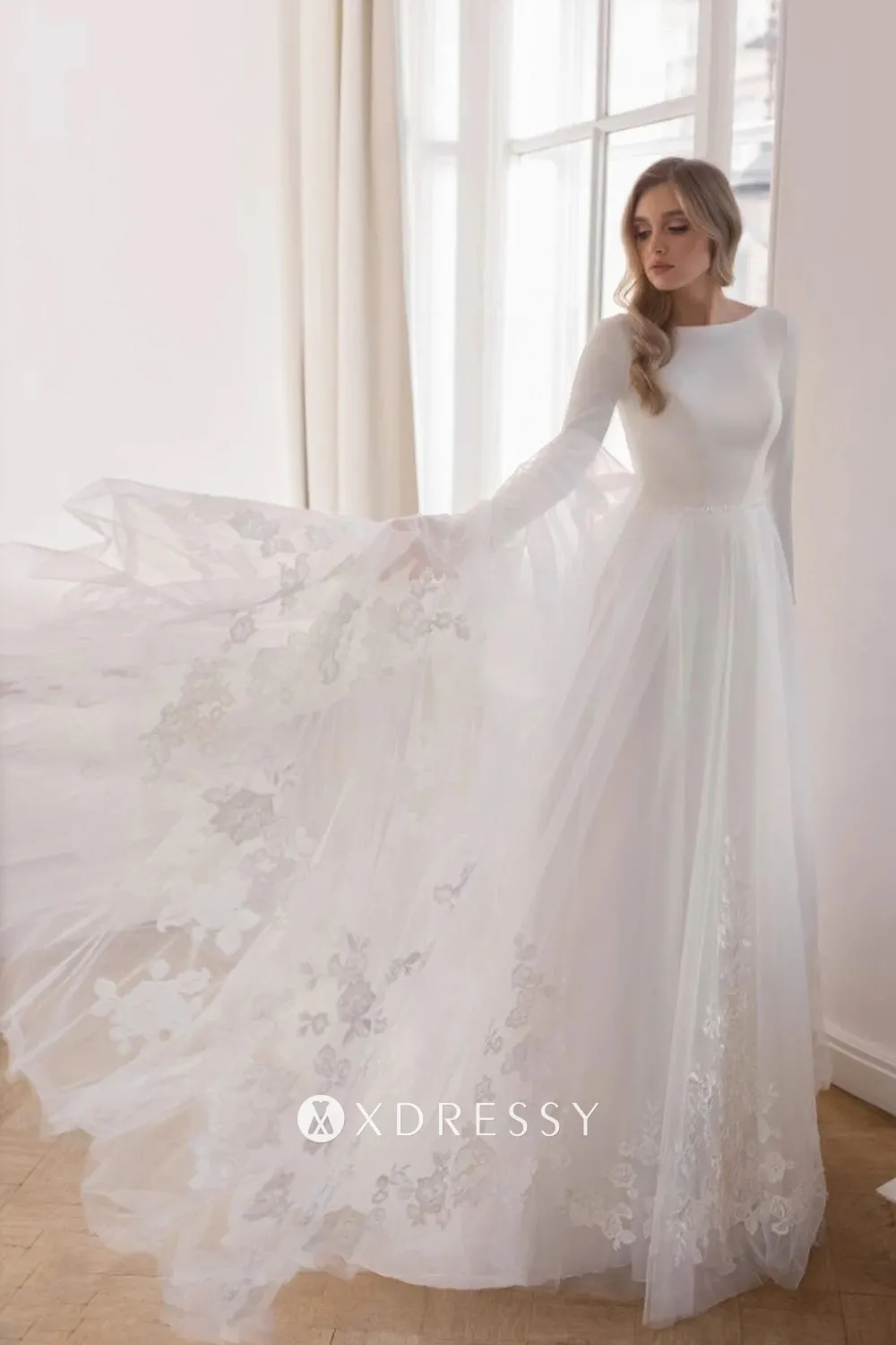 boat neck long sleeve crepe tulle lace A line wedding dress