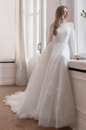 elegant boat neck long sleeve crepe tulle wedding dress
