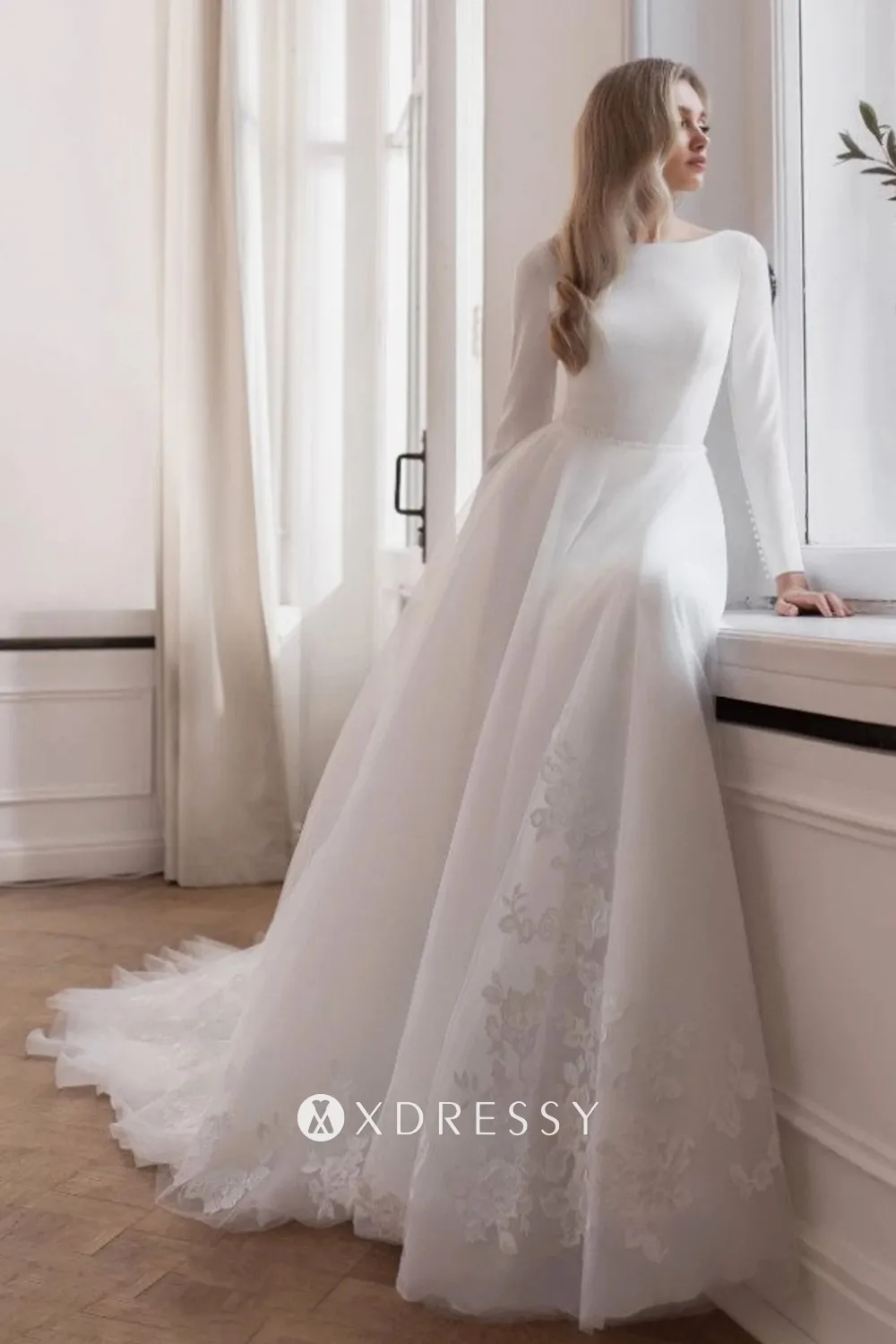 elegant boat neck long sleeve crepe tulle wedding dress