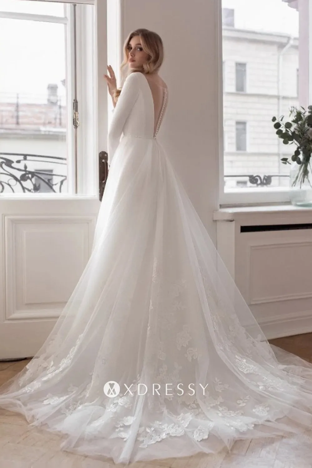 long sleeve illusion back crepe tulle wedding dress