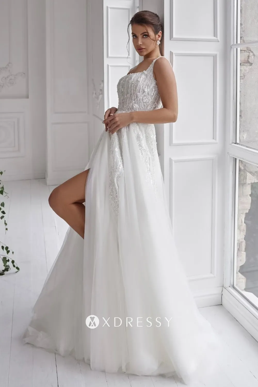 modern square neck beaded lace high slit wedding dress