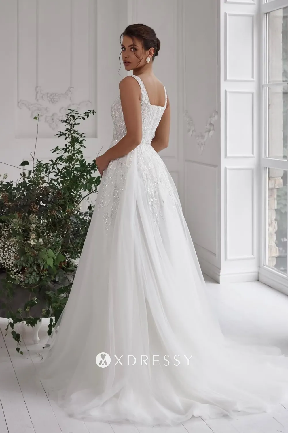 modern square neck beaded lace tulle court train wedding dress