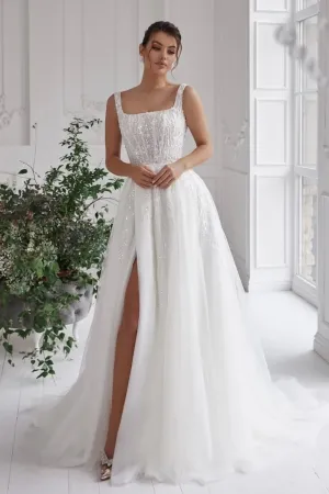 modern square neck beaded lace tulle slit wedding dress