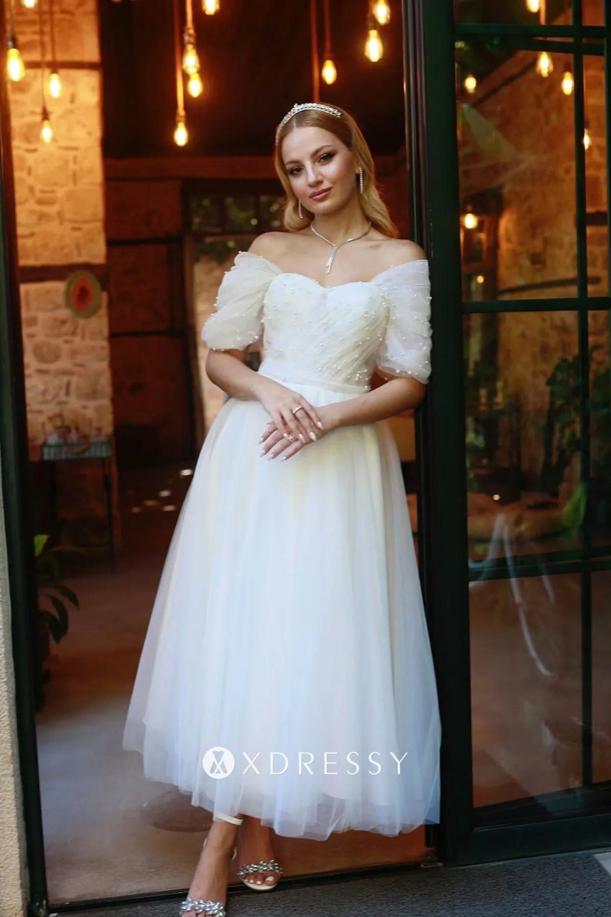 pearled white tulle ankle length wedding dress