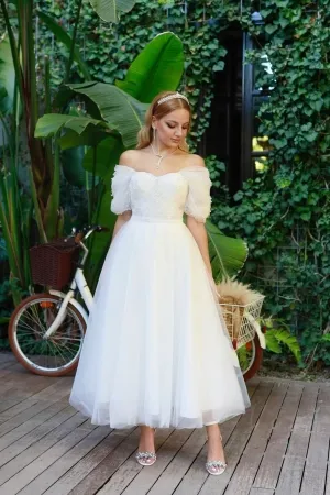 pearled white tulle off shoulder midi wedding dress