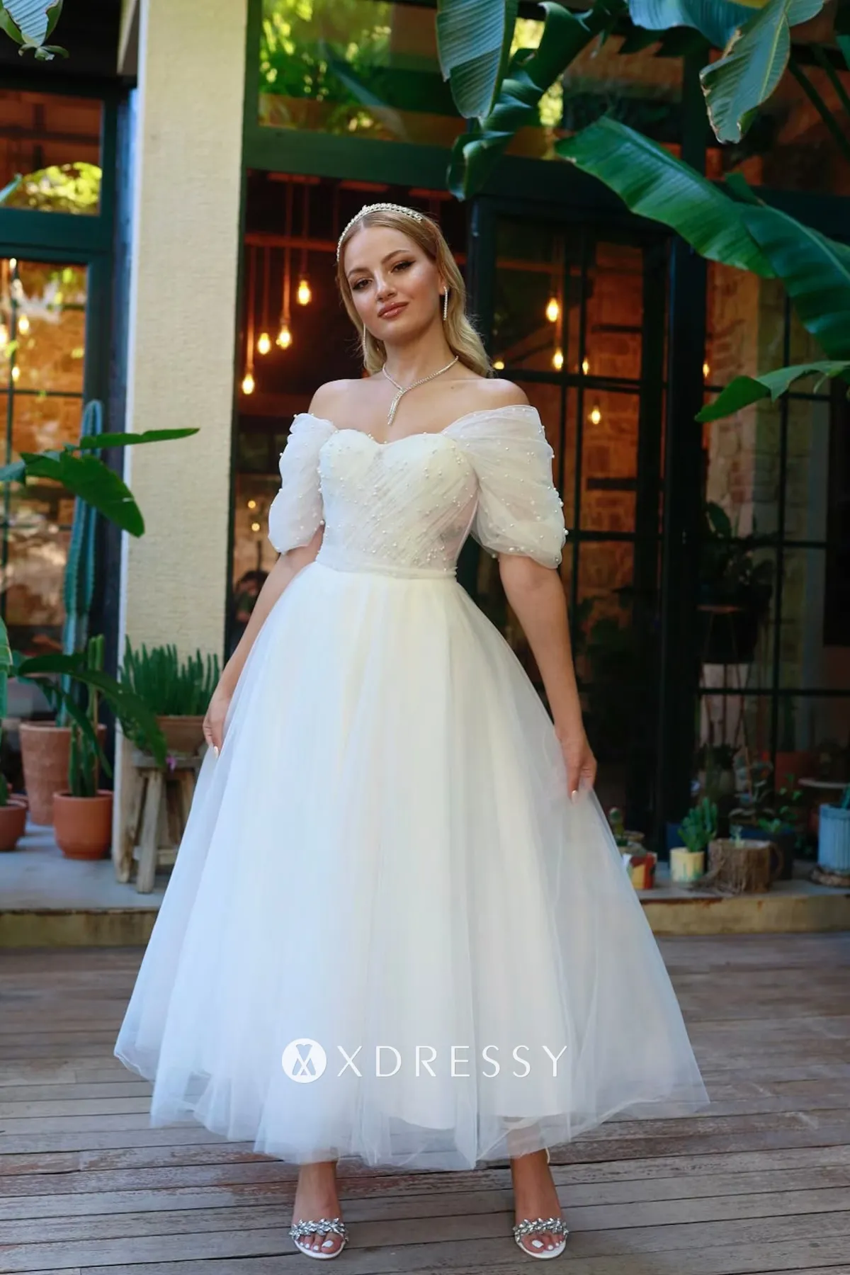 short sleeve white pearled tulle bridal shower dress