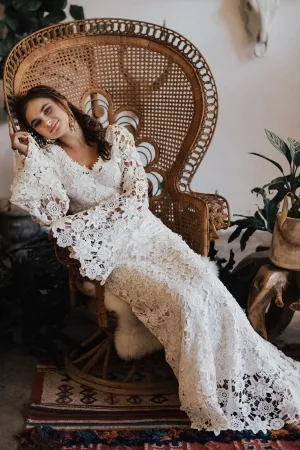 boho ivory lace bell sleeve v neck fall wedding dress