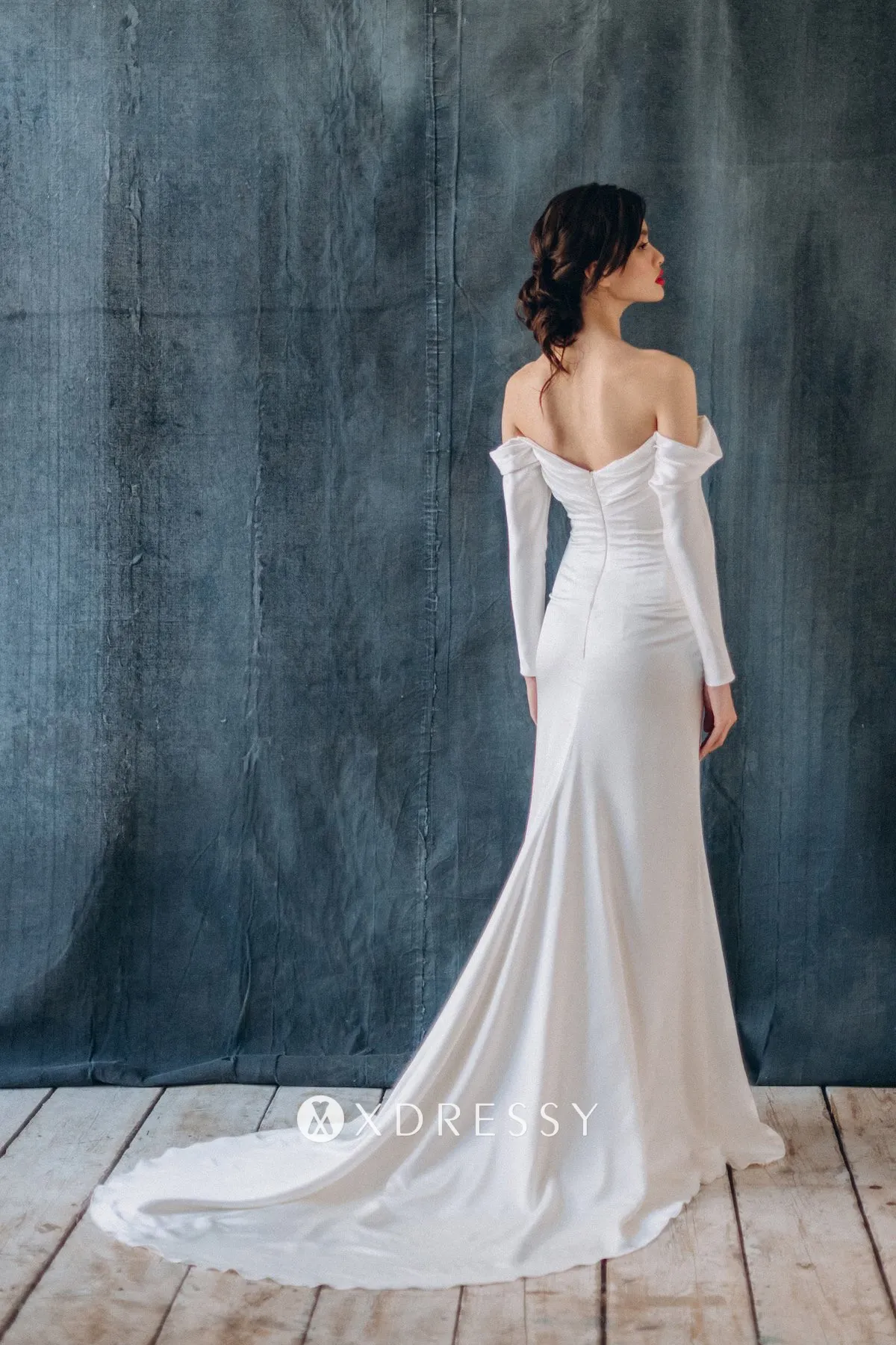 draped sleeve satin court train bridal shower gown