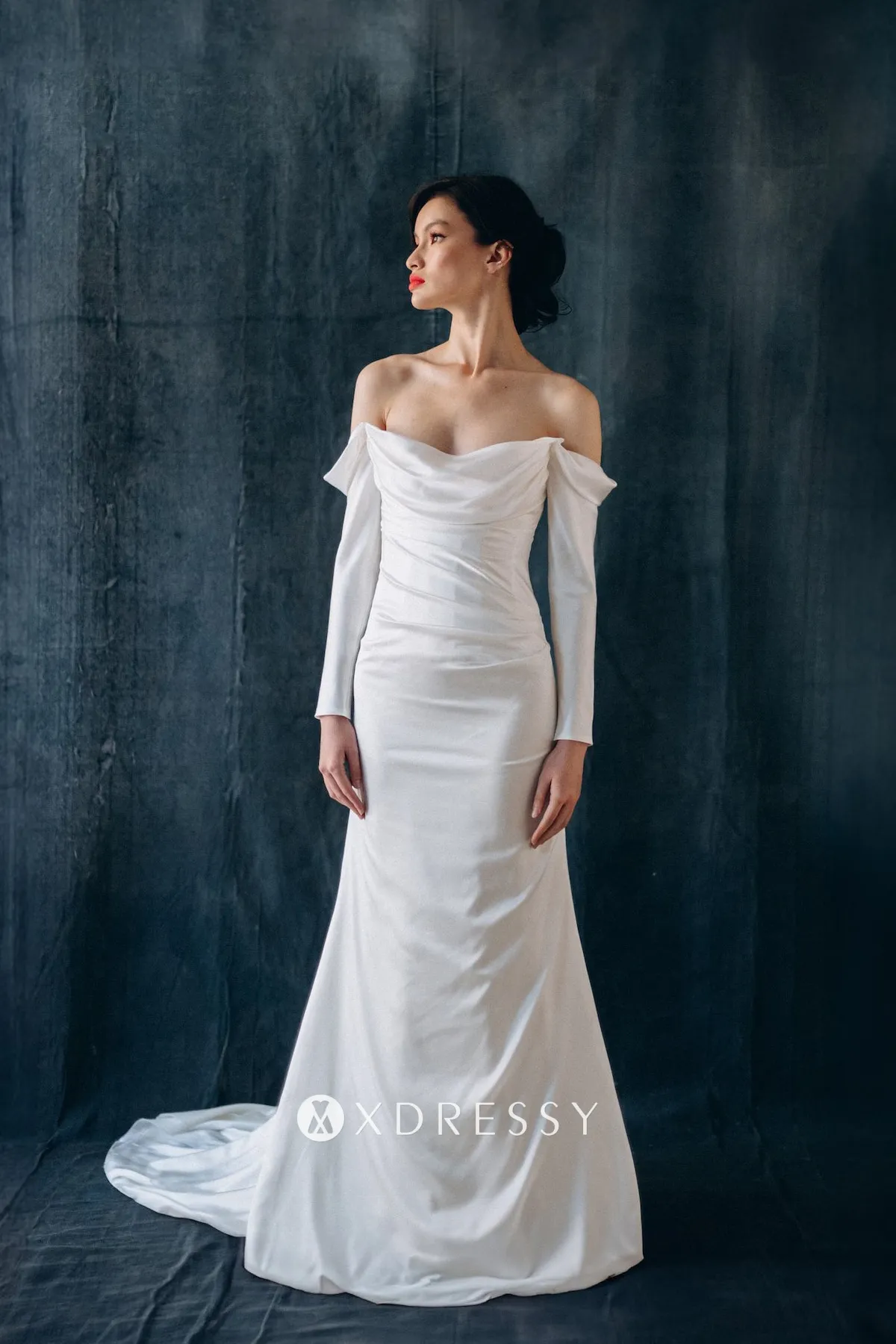 off shoulder draped sleeve cowl neck satin wedding gown