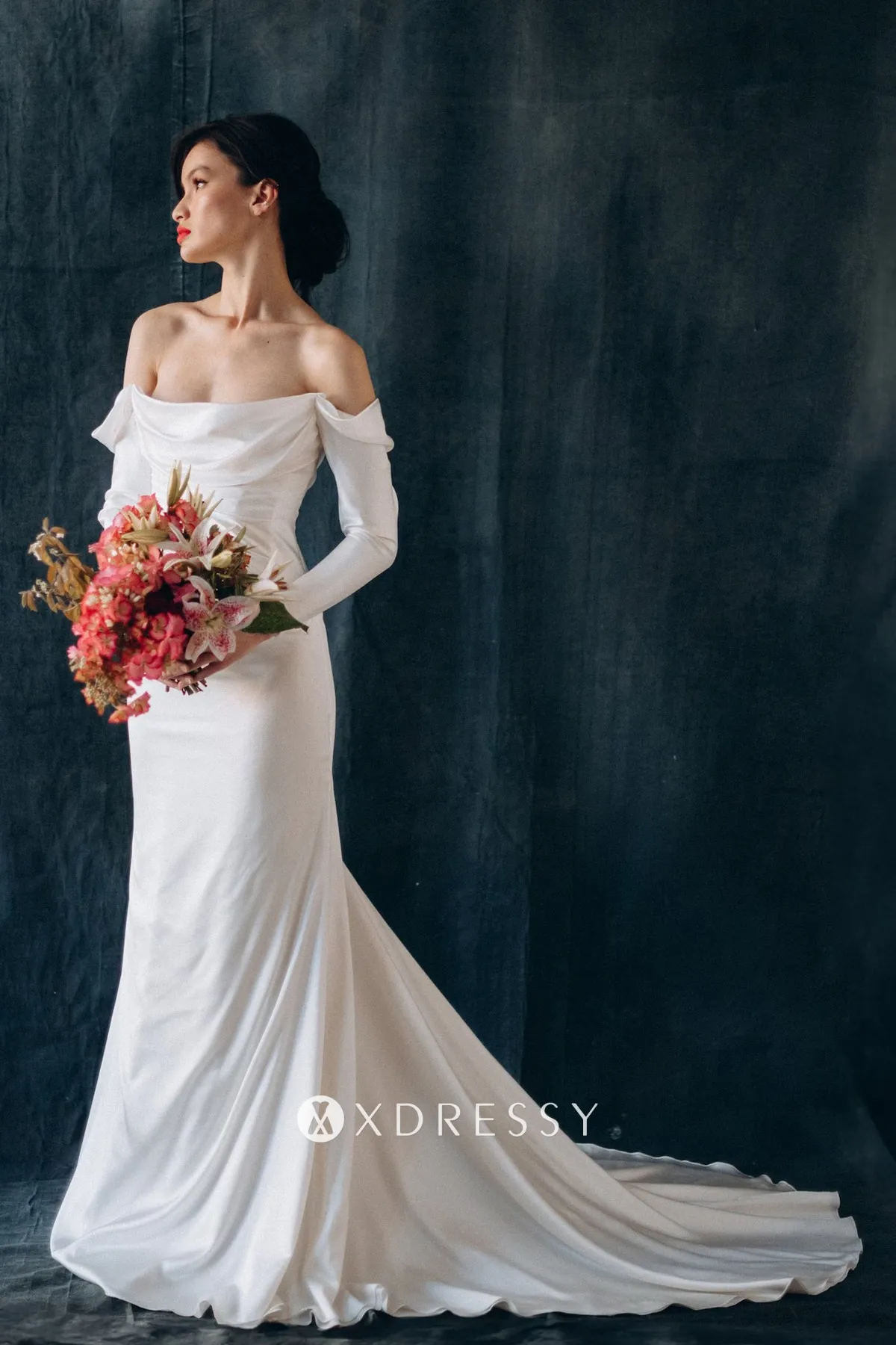 off shoulder draped sleeve cowl neck wedding gown