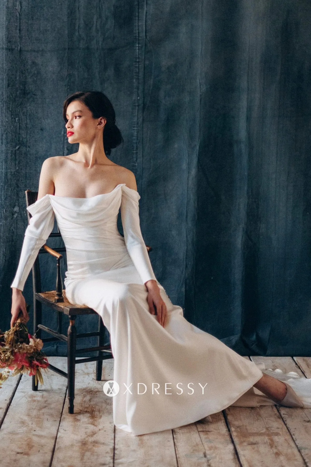 off shoulder draped sleeve satin wedding dress