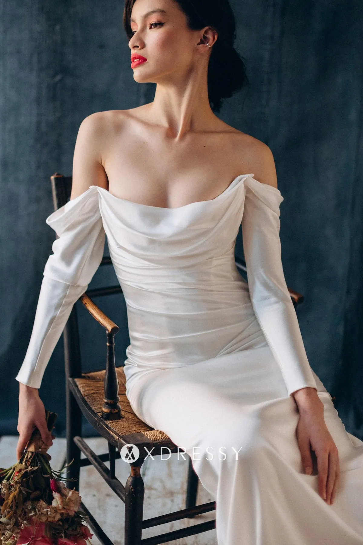 off shoulder draped sleeve wedding reception dress